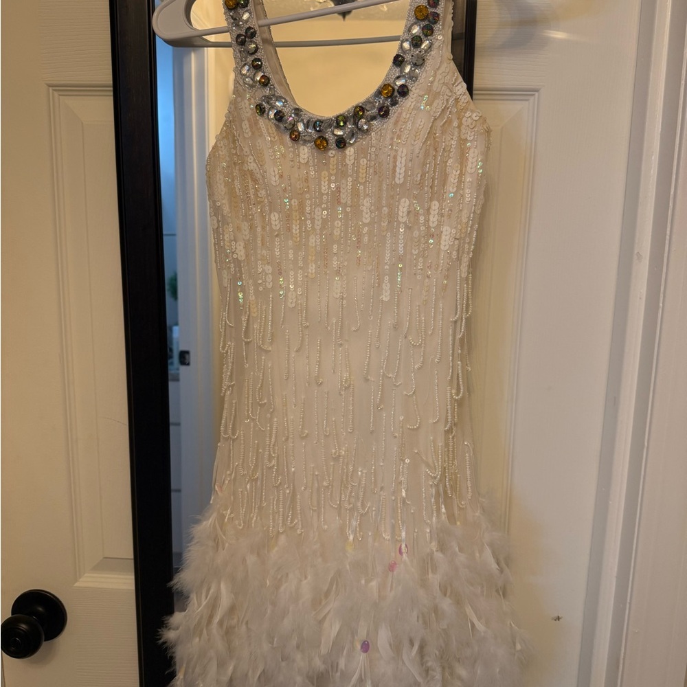 Jovani Ivory Beaded Feather Cocktail Dress
